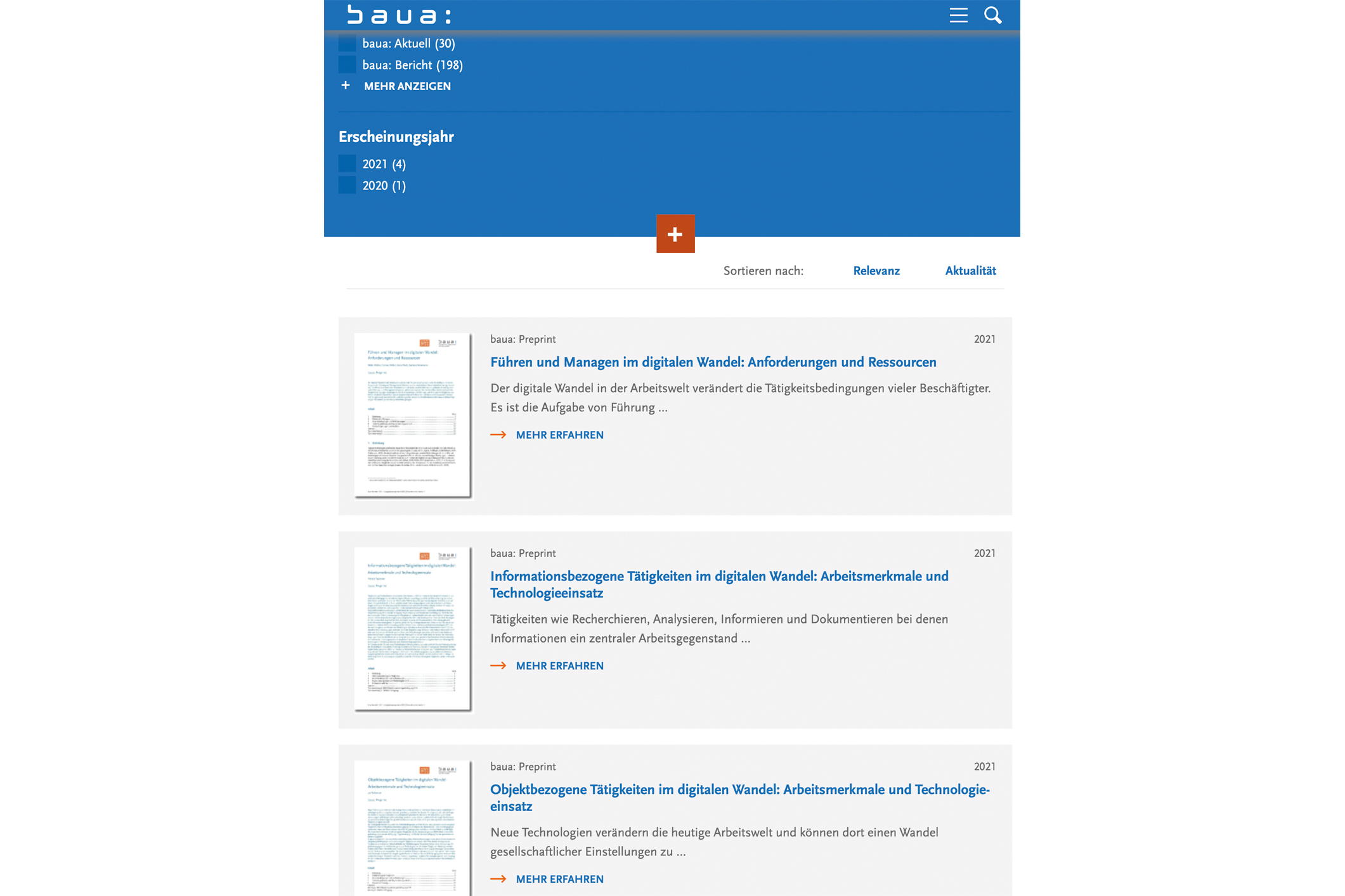 Darstellung der BAuA-Website mit den Preprints