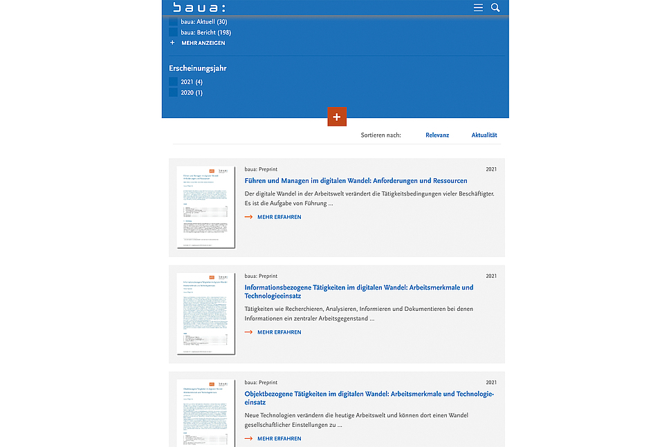 Darstellung der BAuA-Website mit den Preprints